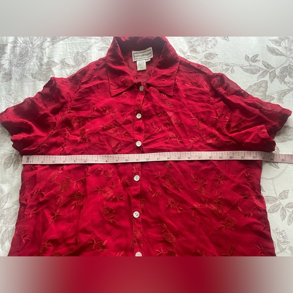 Vintage Red Floral Embroidered Sheer Button Down Shirt 90s Goth Vamp Fairy Boho - Picture 7 of 8